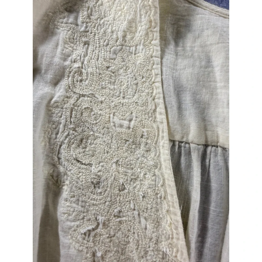 Free People Laurie Embroidered Blouse Cream Cotton V-Neck Puff Sleeve Top M